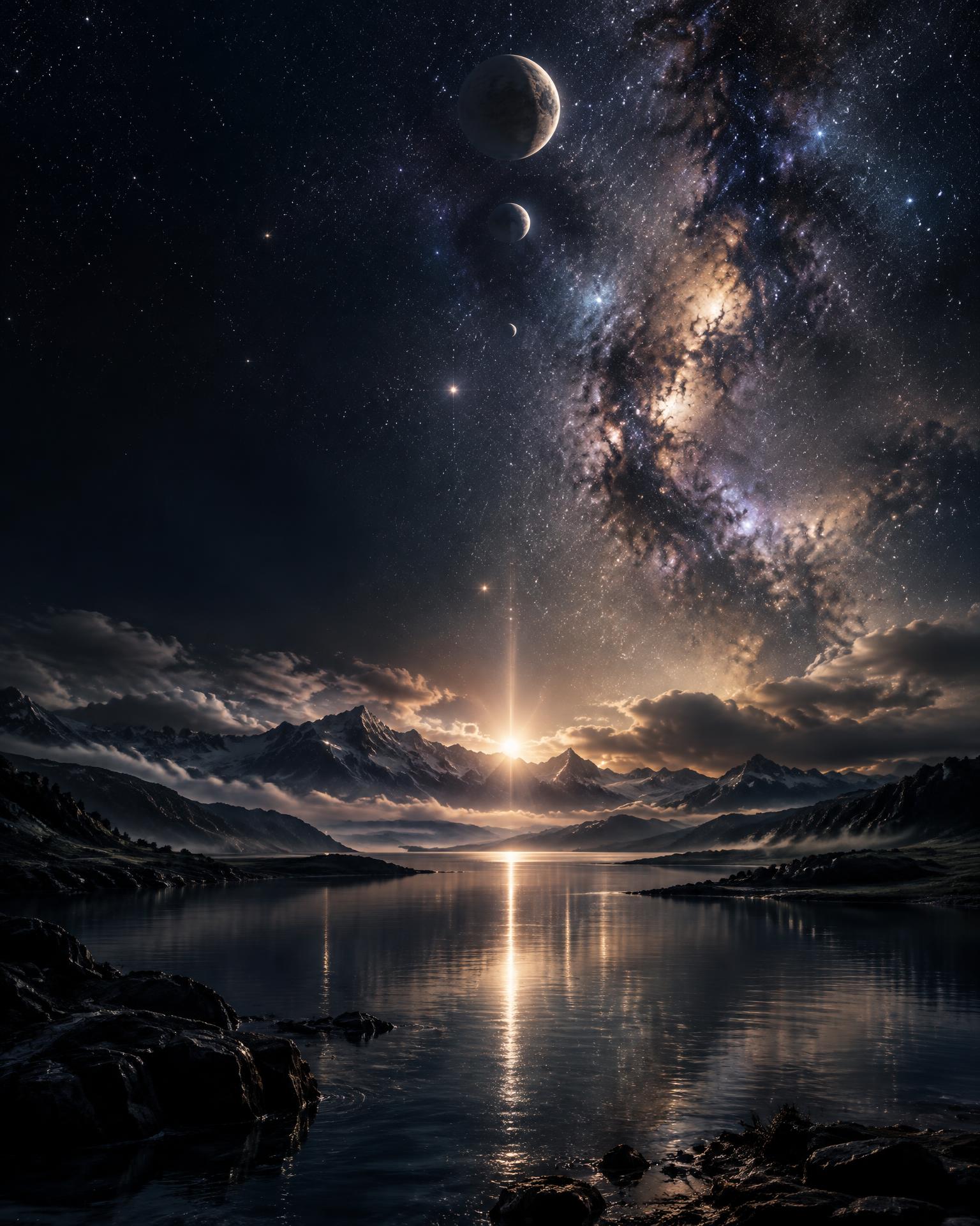 The world axis returning to a dark mountain horizon and reflective water beneath the stars