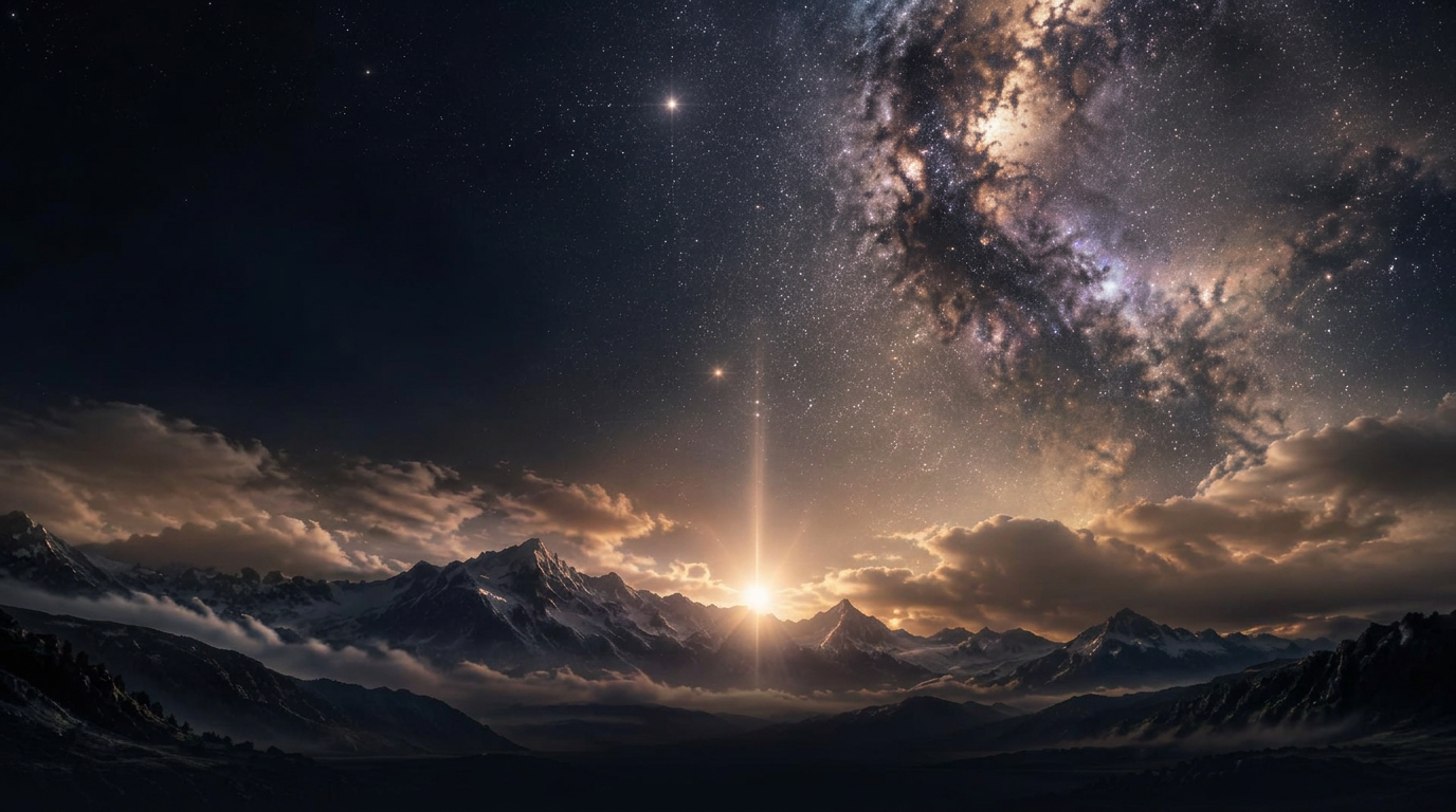 A luminous world axis descending from a star field through celestial space toward mountains and a glowing horizon