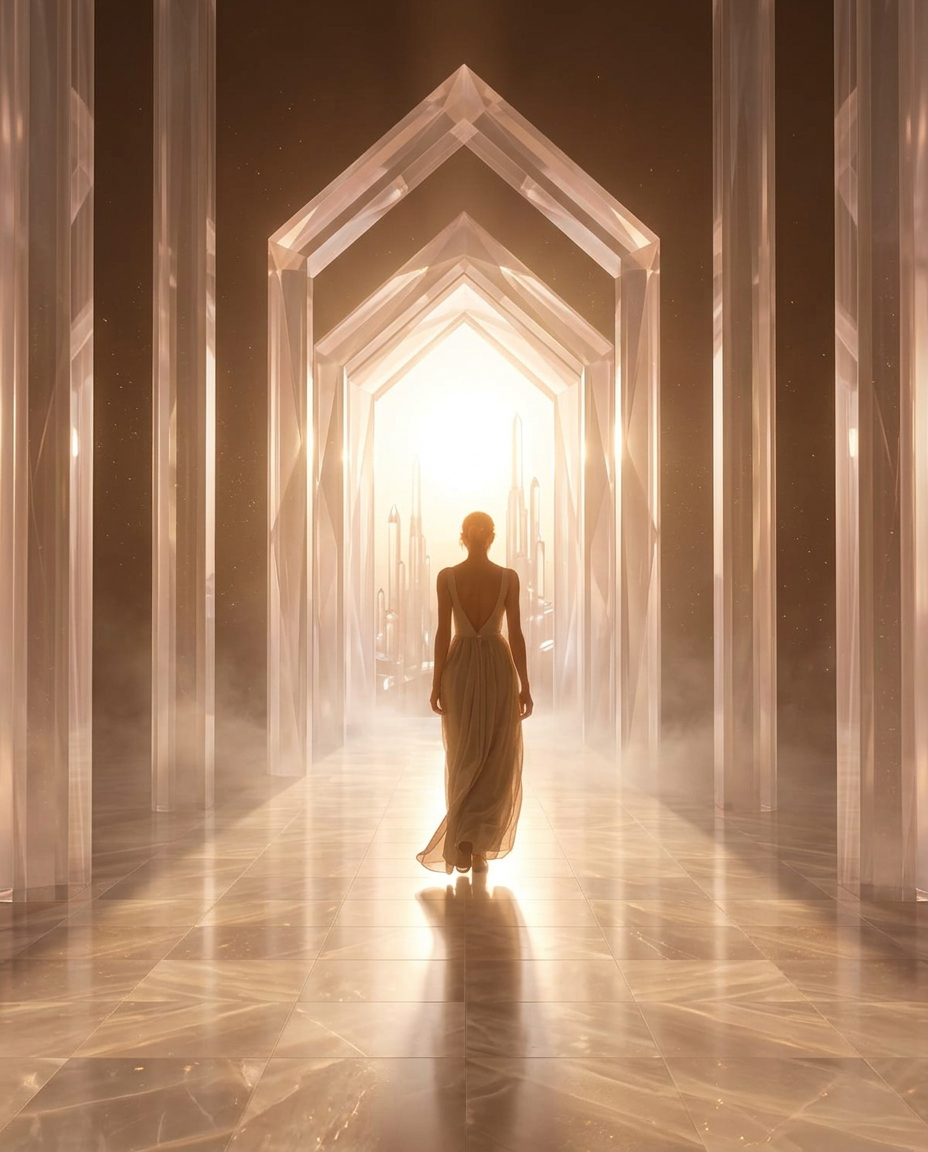 A figure walking through a monumental archway toward warm golden light