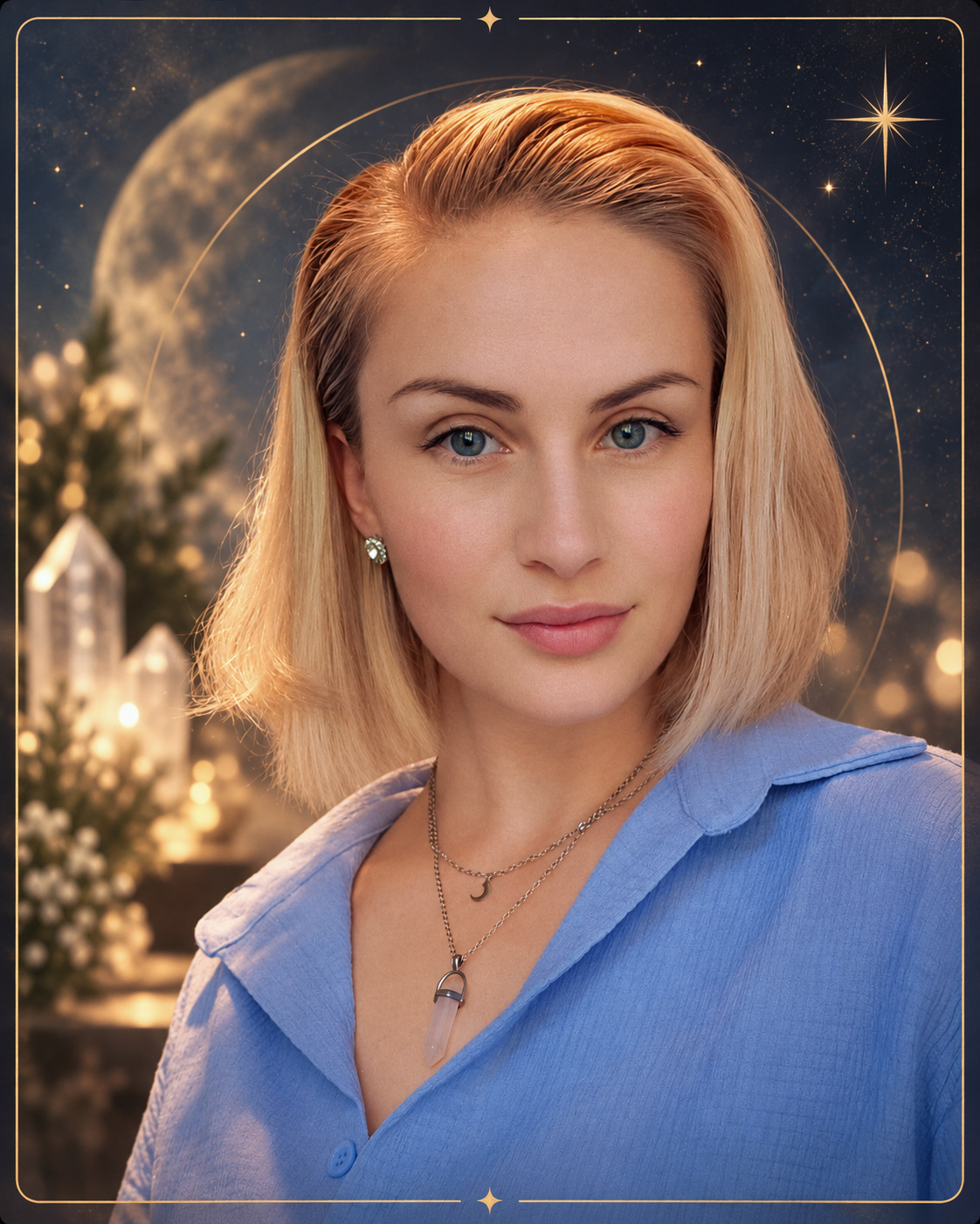 Portrait artwork of Ida Herleiksplass against a celestial backdrop